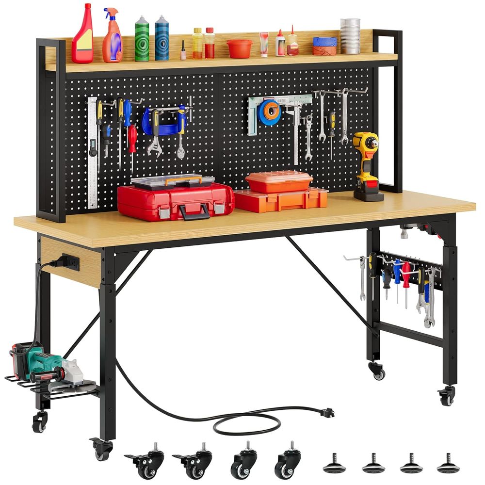 Woodworking Work Table - 60인치 헤비듀티 작업대(페그보드 및 바퀴 포함,